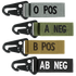 The Condor Blood Type Key Chain set features four fabric keychains with plastic clips, each in a unique color and labeled O POS, A NEG, B POS, or AB NEG.