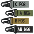 The Condor Blood Type Key Chain set features four fabric keychains with plastic clips, each in a unique color and labeled O POS, A NEG, B POS, or AB NEG.