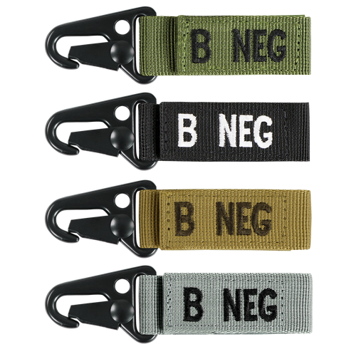 The Condor Blood Type Key Chain set includes four keychains with plastic clips and fabric straps in green, black, tan, and gray, each boldly labeled with B NEG to display your blood type.