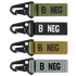 Four Blood Type Key Chains by Condor in Olive Drab, each with a metal hook and labeled B NEG.