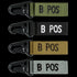 The Condor Blood Type Key Chain set features four keychains with plastic clips and fabric tags labeled B POS, available in green, black, tan, and gray.