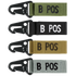 The Condor Blood Type Key Chain set features four keychains with plastic clips and fabric tags labeled B POS, available in green, black, tan, and gray.