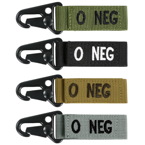 The Condor Blood Type Key Chain set includes four keychains with black plastic clips and fabric straps in green, black, brown, and gray, each labeled O NEG in bold letters.