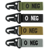 The Condor Blood Type Key Chain set includes four keychains with black plastic clips and fabric straps in green, black, brown, and gray, each labeled O NEG in bold letters.