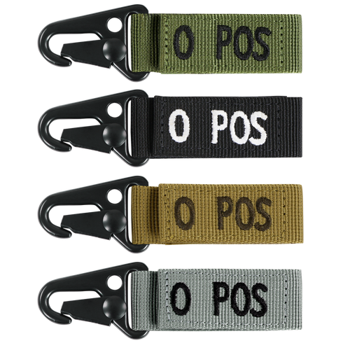 The Condor Blood Type Key Chain set includes four fabric keychains with black metal clips, labeled O POS in white or black, and comes in green, black, tan, and gray.