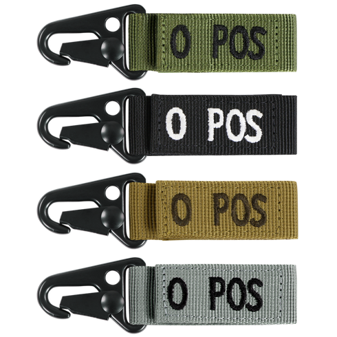The Condor Blood Type Key Chain set includes four fabric keychains with black metal hooks, each labeled O POS in green, black, tan, and gray.