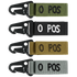 The Condor Blood Type Key Chain set includes four fabric keychains with black metal clips, labeled O POS in white or black, and comes in green, black, tan, and gray.
