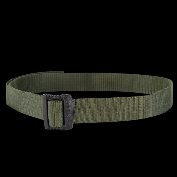 The Condor BDU Belt in olive green features durable woven nylon and a black metal buckle, perfect for bushcraft adventures.