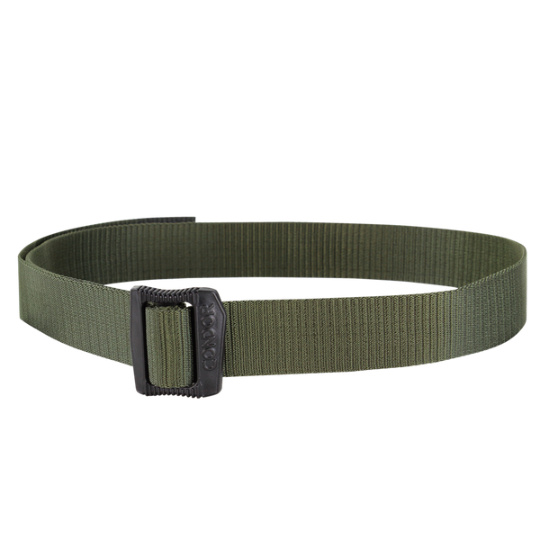 The Condor BDU Belt in olive green features durable woven nylon and a black metal buckle, perfect for bushcraft adventures.