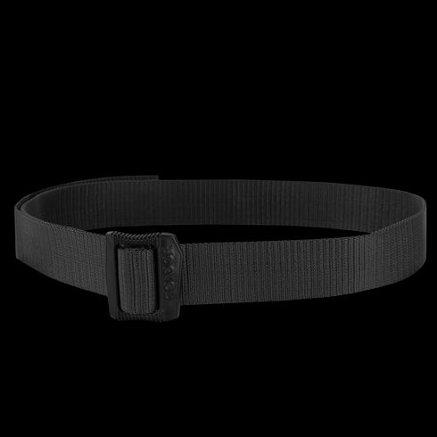 The Condor BDU Belt is a black nylon tactical belt with a rectangular plastic buckle, displayed in a circular shape on a plain background—ideal for military use or bushcraft enthusiasts.
