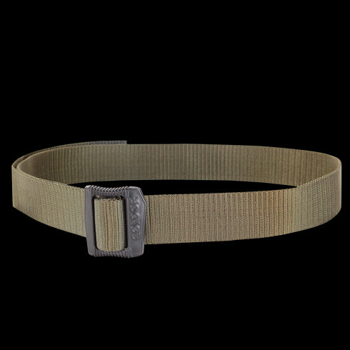 The Condor BDU Belt, in khaki nylon webbing with a rectangular metal buckle, is shown coiled—ideal for everyday carry or reliable use at the shooting range.