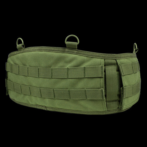 The Condor Battle Belt Gen II, shown against a plain background, is a green tactical MOLLE belt featuring multiple attachment loops and a hook-and-loop closure.