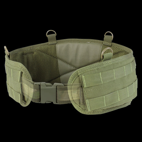 The Condor Battle Belt Gen II is an olive green tactical utility belt with padded mesh lining, MOLLE webbing, a plastic buckle, and metal D-rings.