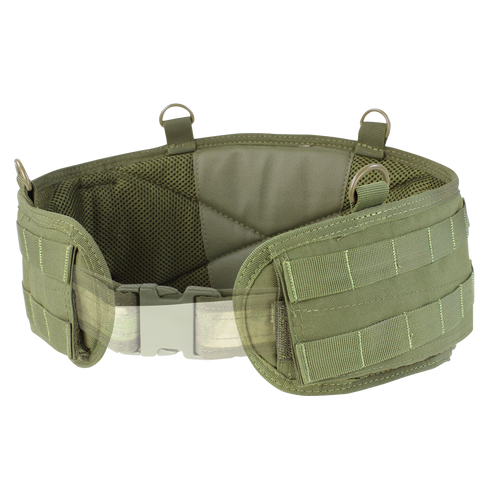 The Condor Battle Belt Gen II is an olive green tactical utility belt with padded mesh lining, MOLLE webbing, a plastic buckle, and metal D-rings.