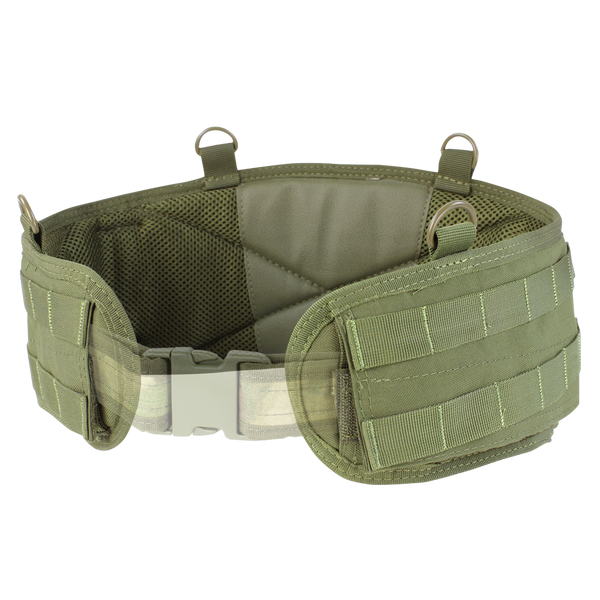The Condor Battle Belt Gen II is an olive green tactical utility belt with padded mesh lining, MOLLE webbing, a plastic buckle, and metal D-rings.