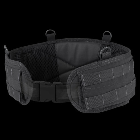 The Condor Battle Belt Gen II features adjustable straps, side padding, multiple attachment loops, and a front plastic buckle. Shown here in black against a white background.