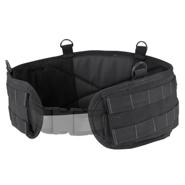 The Condor Battle Belt Gen II features adjustable straps, side padding, multiple attachment loops, and a front plastic buckle. Shown here in black against a white background.
