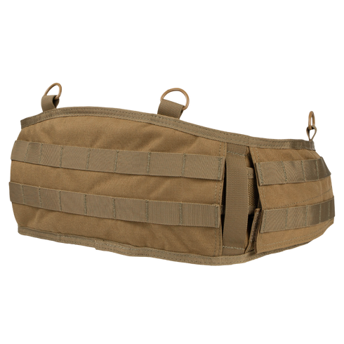 The Condor Battle Belt Gen II is a tan tactical MOLLE waist belt with multiple webbing rows and metal D-rings for attaching pouches and gear.