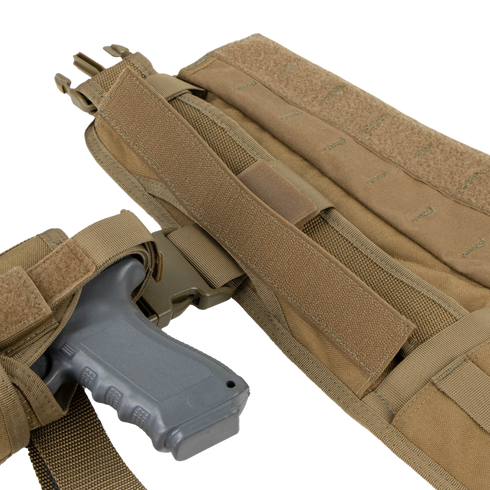 A close-up of the Condor Battle Belt Gen II in tan, featuring velcro and buckle fastenings, with a plastic training pistol secured in its holster.