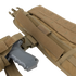 A close-up of the Condor Battle Belt Gen II in tan, featuring velcro and buckle fastenings, with a plastic training pistol secured in its holster.