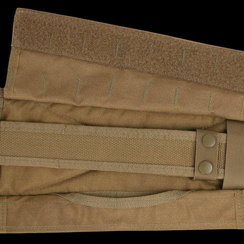 Close-up of the Condor Battle Belt Gen II in tan, showcasing hook-and-loop fasteners, snap buttons, and webbing details.