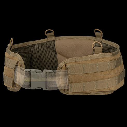 The Condor Battle Belt Gen II is a tan tactical belt featuring padding, MOLLE webbing, a plastic buckle, and metal attachment rings for secure gear carrying.