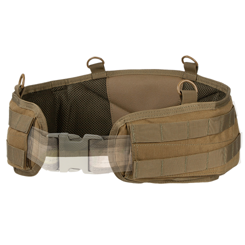 The Condor Battle Belt Gen II is a tan tactical belt featuring padding, MOLLE webbing, a plastic buckle, and metal attachment rings for secure gear carrying.