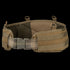 The Condor Battle Belt Gen II is a tan tactical belt featuring padding, MOLLE webbing, a plastic buckle, and metal attachment rings for secure gear carrying.
