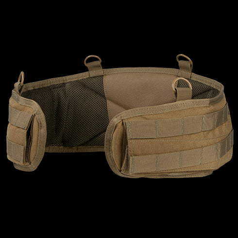 The Condor Battle Belt Gen II features a tan color, padded mesh backing, multiple attachment loops, and MOLLE webbing for modular gear attachment.