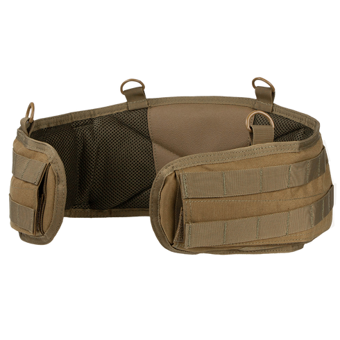 The Condor Battle Belt Gen II features a tan color, padded mesh backing, multiple attachment loops, and MOLLE webbing for modular gear attachment.