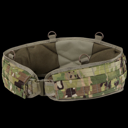 The Condor Battle Belt Gen II in Scorpion OCP features a camouflage pattern, padded interior, MOLLE webbing, and metal loops, shown against a white background.