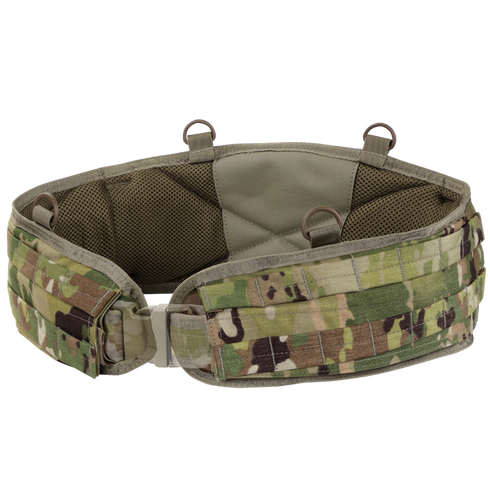 The Condor Battle Belt Gen II in Scorpion OCP features a camouflage pattern, padded interior, MOLLE webbing, and metal loops, shown against a white background.