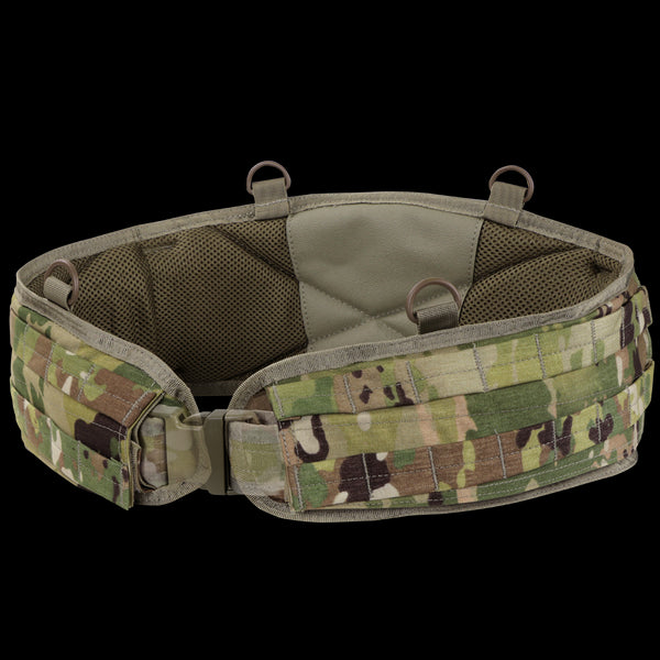 The Condor Battle Belt Gen II in Scorpion OCP features a camouflage pattern, padded interior, MOLLE webbing, and metal loops, shown against a white background.