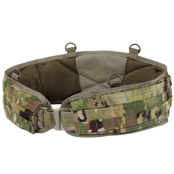 The Condor Battle Belt Gen II in Scorpion OCP features a camouflage pattern, padded interior, MOLLE webbing, and metal loops, shown against a white background.
