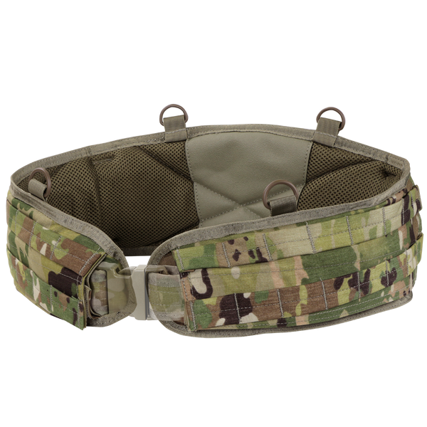 The Condor Battle Belt Gen II in Scorpion OCP features a camouflage pattern, padded interior, MOLLE webbing, and metal loops, shown against a white background.