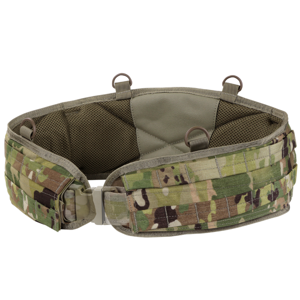The Condor Battle Belt Gen II in Scorpion OCP features a camouflage pattern, padded interior, MOLLE webbing, and metal loops, shown against a white background.