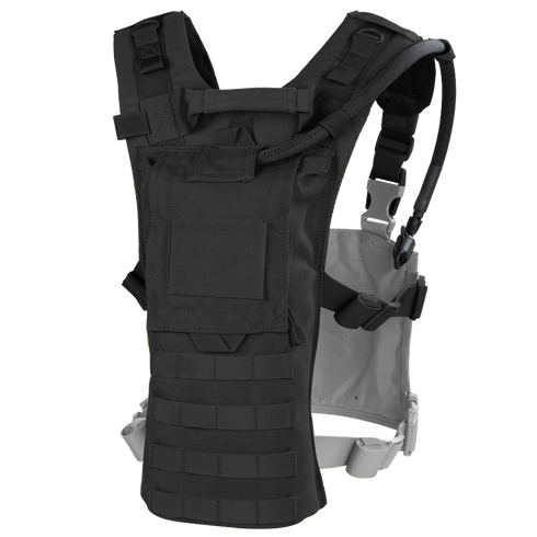 Black tactical vest with adjustable straps, a front pocket, and a hydration tube on the right shoulder against a white background.