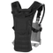 Black tactical vest with adjustable straps, a front pocket, and a hydration tube on the right shoulder against a white background.