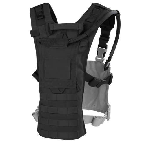 The Condor Hydro Harness Integration Kit is a black tactical hydration vest with adjustable straps, MOLLE webbing, and an attached hydration tube, shown on a plain white background.