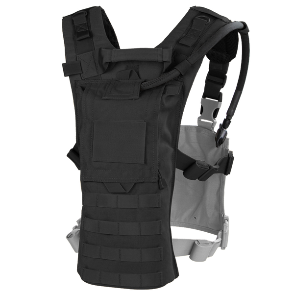 The Condor Hydro Harness Integration Kit is a black tactical hydration vest with adjustable straps, MOLLE webbing, and an attached hydration tube, shown on a plain white background.