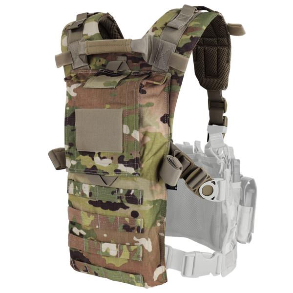 The Condor Hydro Harness Integration Kit in Scorpion OCP features adjustable straps, multiple pouches, and a mesh inner lining. The camouflage-patterned harness is displayed on a white background.