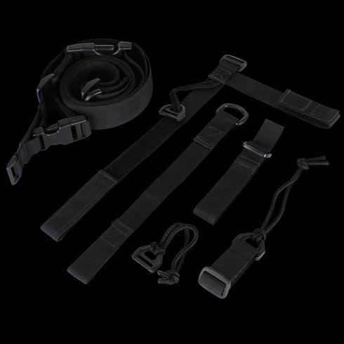 The Condor 3-Point Sling, a black adjustable nylon strap with buckles and loops, is perfect for EDC or organizing gear at the shooting range. Displayed on a white background.