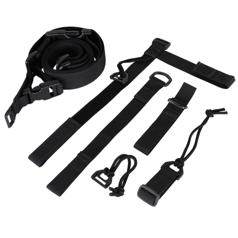 The Condor 3-Point Sling, a black adjustable nylon strap with buckles and loops, is perfect for EDC or organizing gear at the shooting range. Displayed on a white background.