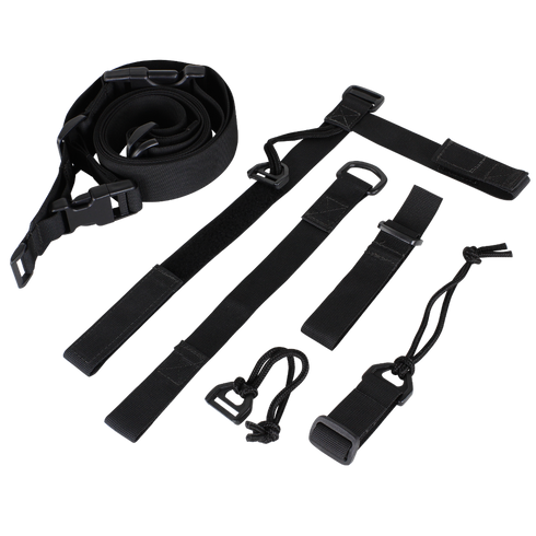 The Condor 3-Point Sling, a black adjustable nylon strap with buckles and loops, is perfect for EDC or organizing gear at the shooting range. Displayed on a white background.
