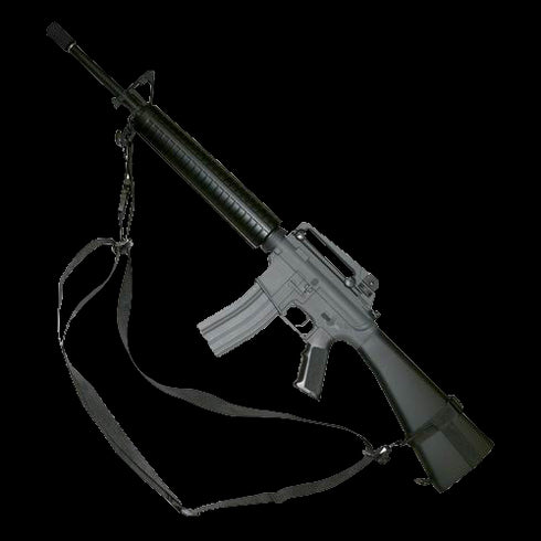 A Condor 3-Point Sling is displayed on a black semi-automatic rifle with magazine, carrying handle, and shoulder strap, commonly used by law enforcement and military, set against a white background.