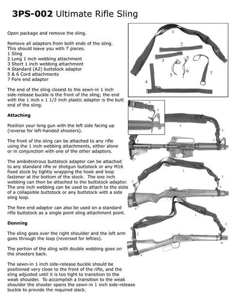 Instruction sheet for the Condor 3-Point Sling with labeled components, assembly steps, and usage instructions using photos and diagrams—perfect for bushcraft, shooting range sessions, or law enforcement professionals.