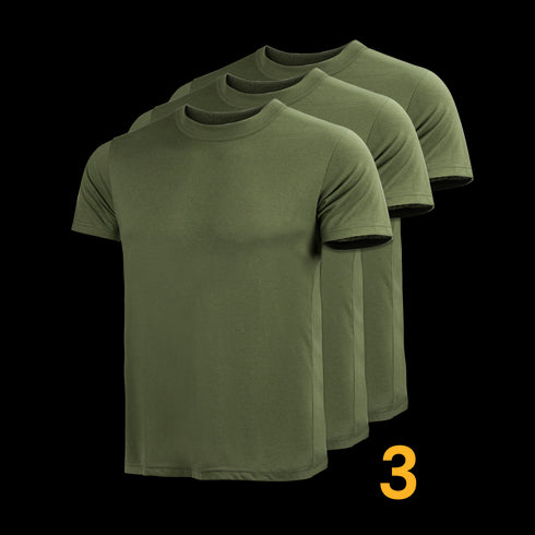 Three Condor Military Tee (3 Pack) olive green short-sleeve shirts, ideal for military or first responders, are shown side by side with a yellow 3 at the bottom right.