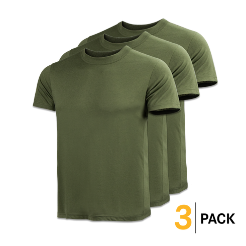 Three Condor Military Tee (3 Pack) olive green short-sleeve shirts, ideal for military or first responders, are shown side by side with a yellow 3 at the bottom right.