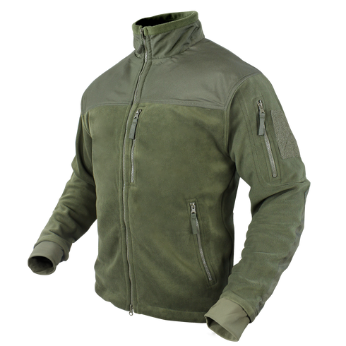 The Condor Alpha Fleece Jacket in olive green features zippered chest and sleeve pockets, a high collar, and a Velcro patch on the upper left arm, shown on an invisible mannequin.