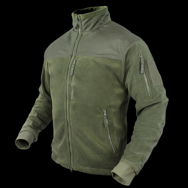 The Condor Alpha Fleece Jacket in olive green features zippered chest and sleeve pockets, a high collar, and a Velcro patch on the upper left arm, shown on an invisible mannequin.